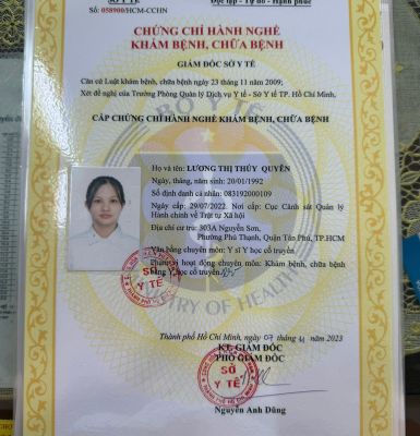 GIẤY PHÉP HÀNH NGHỀ Y SỸ LƯƠNG THỊ THUÝ QUYÊN